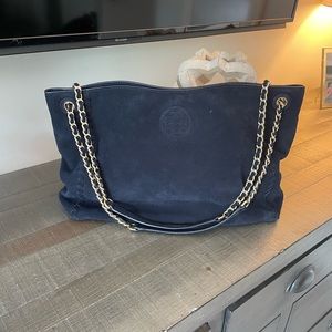 Tory Burch Marion navy suede convertible bag with gold chain